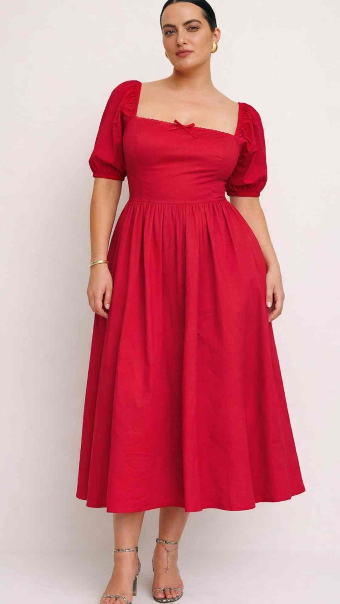 PRE-ORDER Ines Red Puff Sleeves Midi Dress