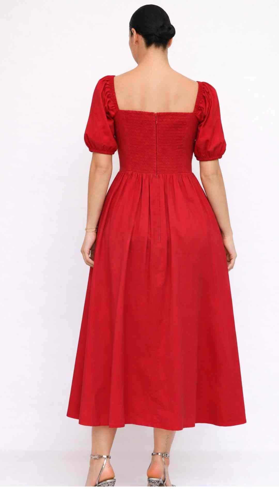 PRE-ORDER Ines Red Puff Sleeves Midi Dress