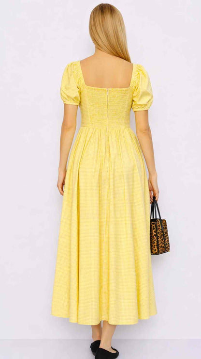 PRE-ORDER Ines Yellow Gingham Puff Sleeves Midi Dres