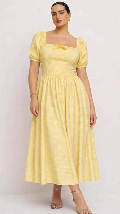 PRE-ORDER Ines Yellow Gingham Puff Sleeves Midi Dres