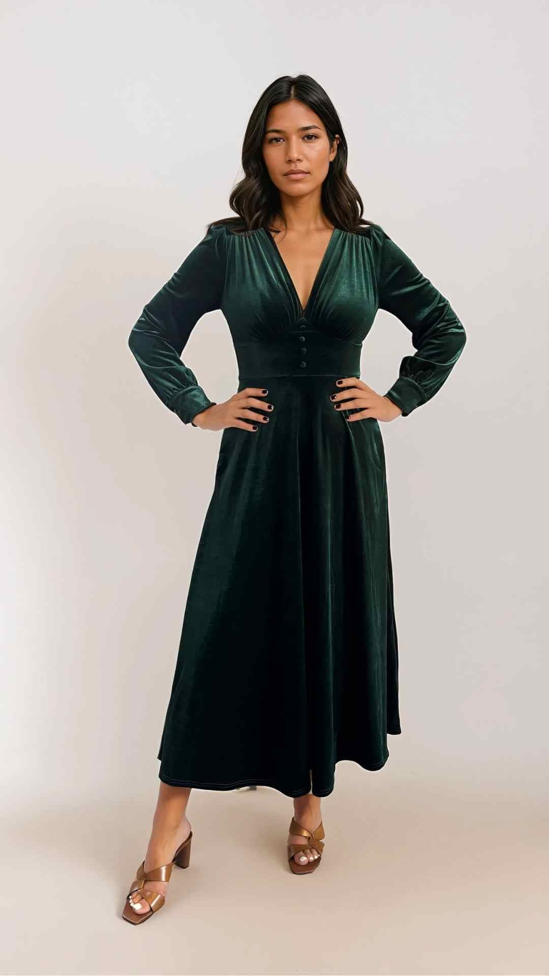 Balia Green Velvet Midi Fit and Flare Swing Dress