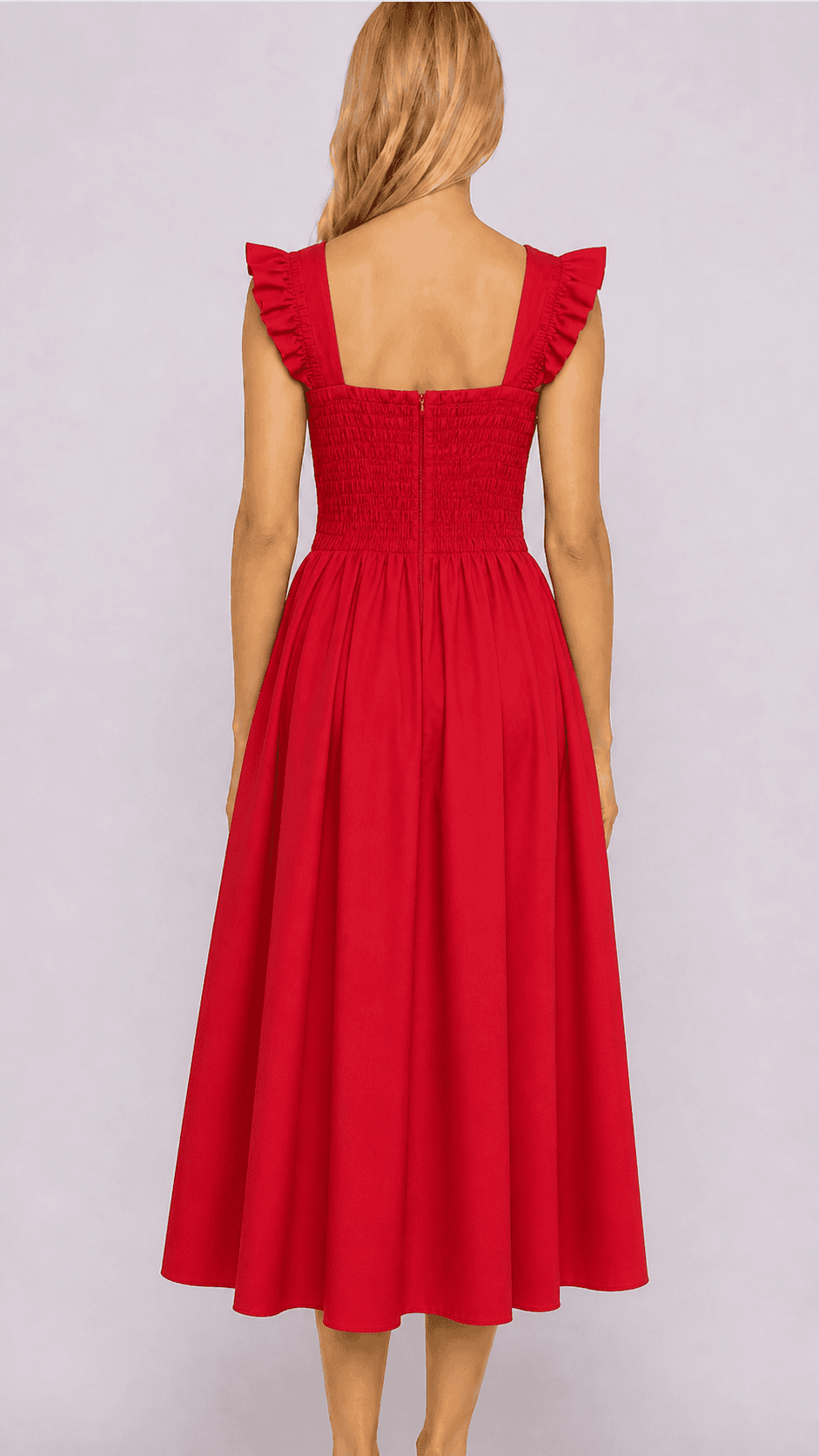 Xemeni Midi Red Dress with Shirred Bodice