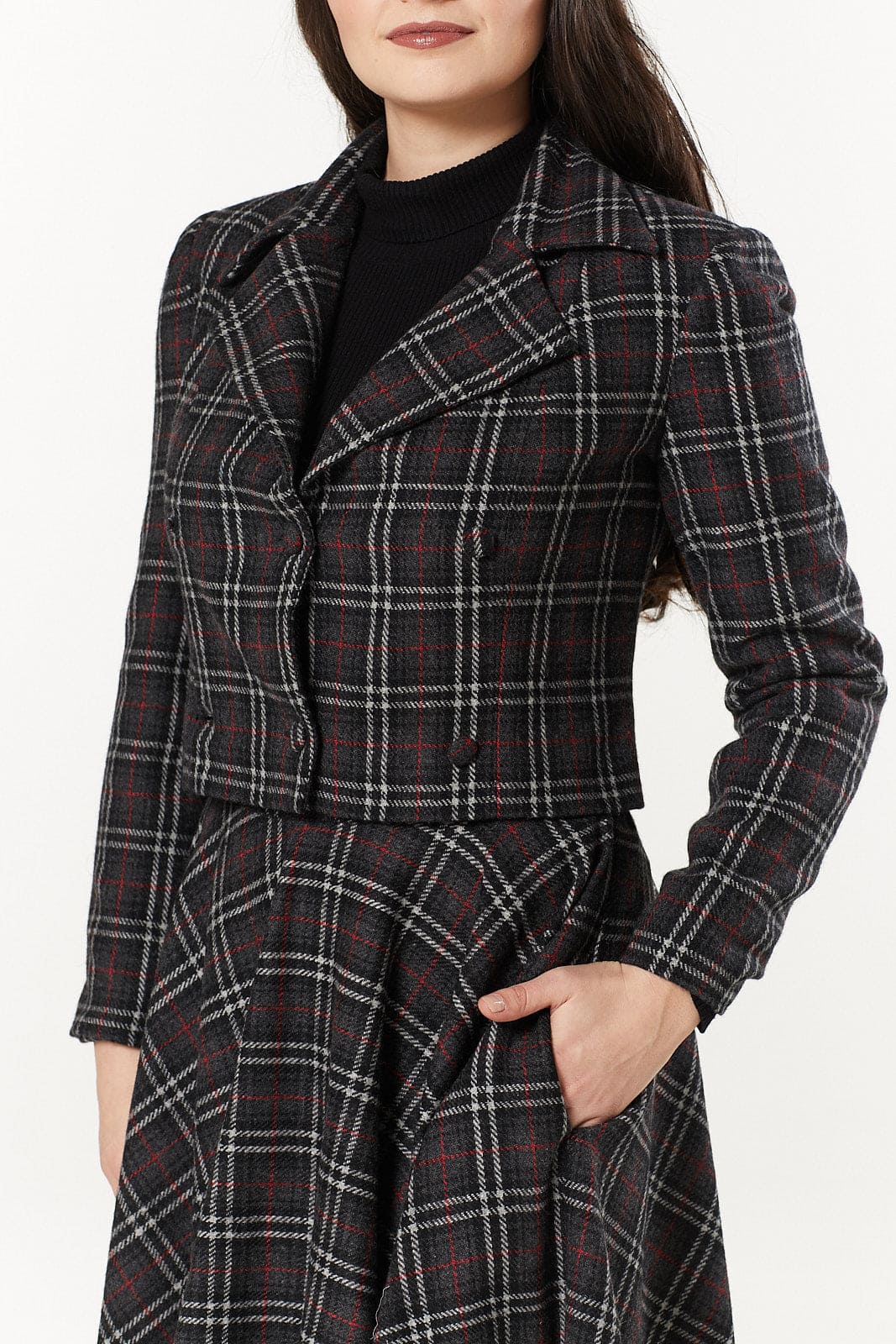 Cropped Charcoal Check Double Breasted Woollen Jacket