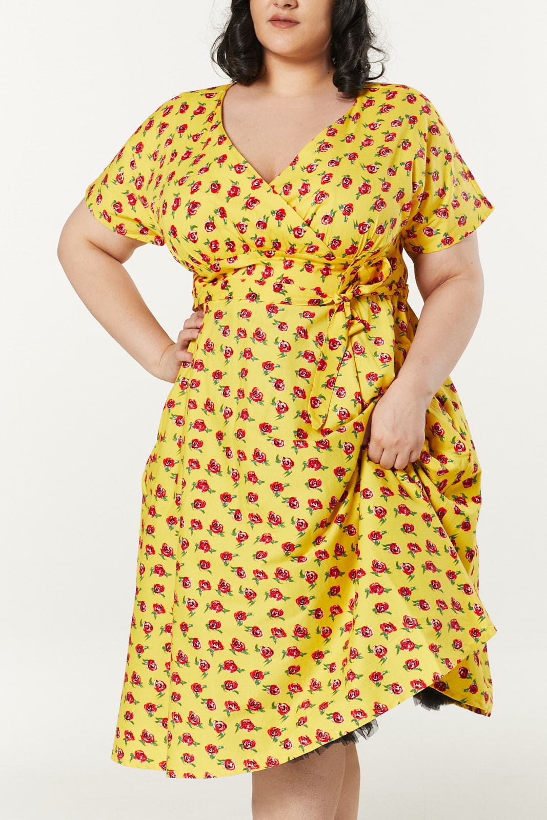 Darcey V Neck Dress Wrap Yellow and roses floral