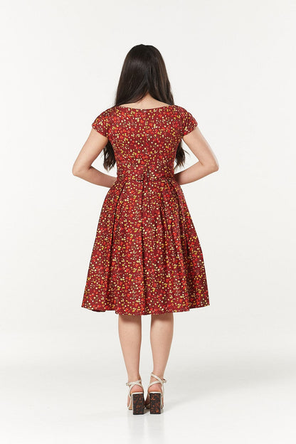 Esh V Neck, Midi Floral Fit&amp;Flare Dress in Cotton Sateen