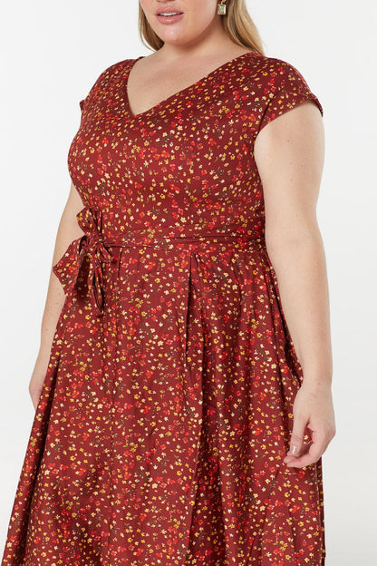 Esh V Neck, Midi Floral Fit&amp;Flare Dress in Cotton Sateen