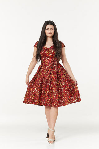 Esh V Neck, Midi Floral Fit&Flare Dress in Cotton Sateen