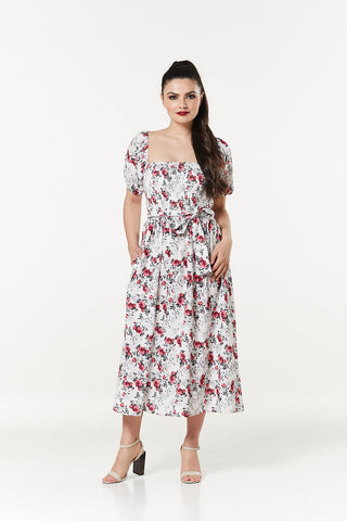 Grace A-Line Dress with Shirring top and puff sleeves