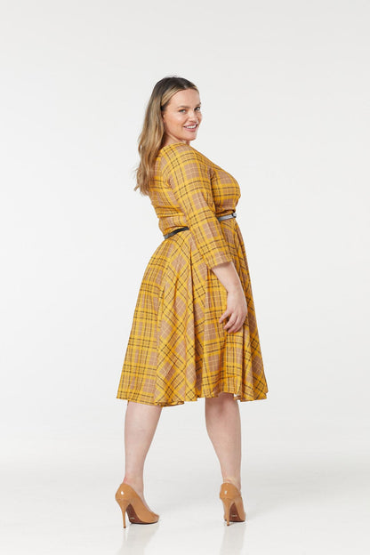Kacee V Neck,Fit and flare Swing Dress in Musard Plaid Check