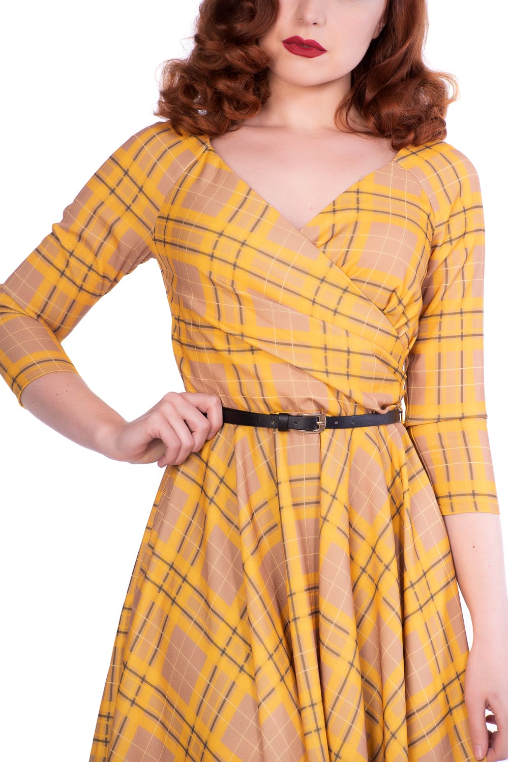Kacee V Neck,Fit and flare Swing Dress in Musard Plaid Check