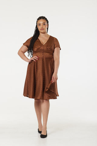 Kaylee Fit and Flare, Midi Swing Brown Dress in Jacquard