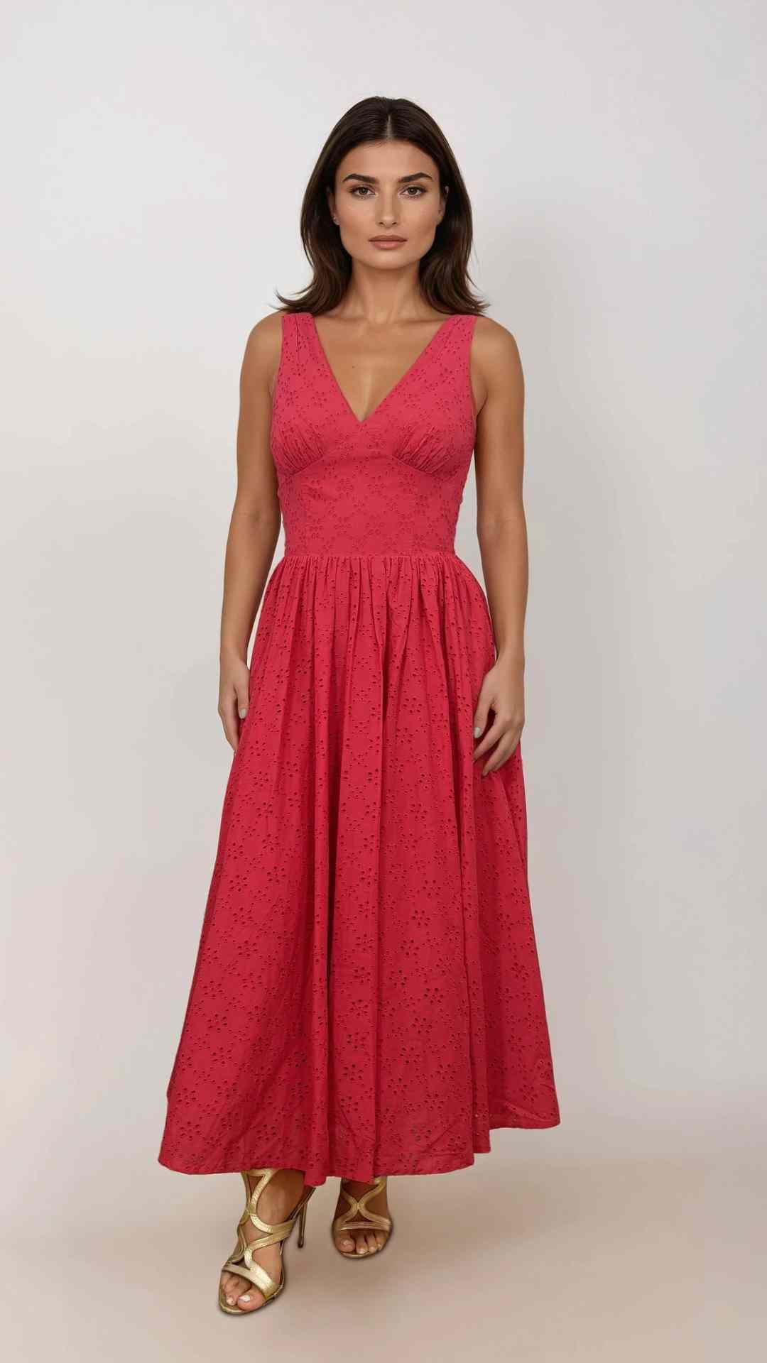 Lysandra Midi Broderie Anglaise Red Dress