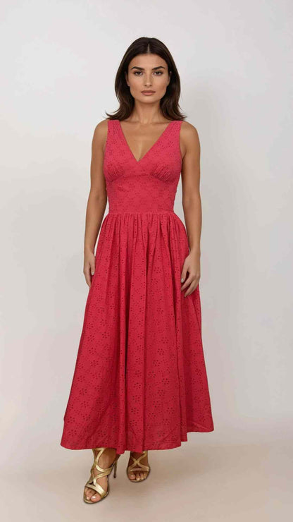 Lysandra Midi Broderie Anglaise Red Dress