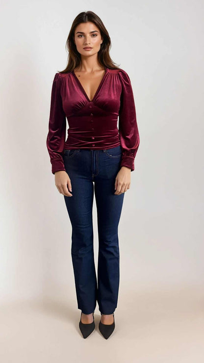 Malika Burgandy V Neck Velvet Blouse
