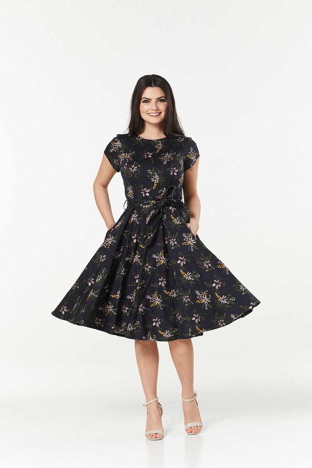 Natalia Fit and Flare Swing Midi Dress in Cotton Sateen