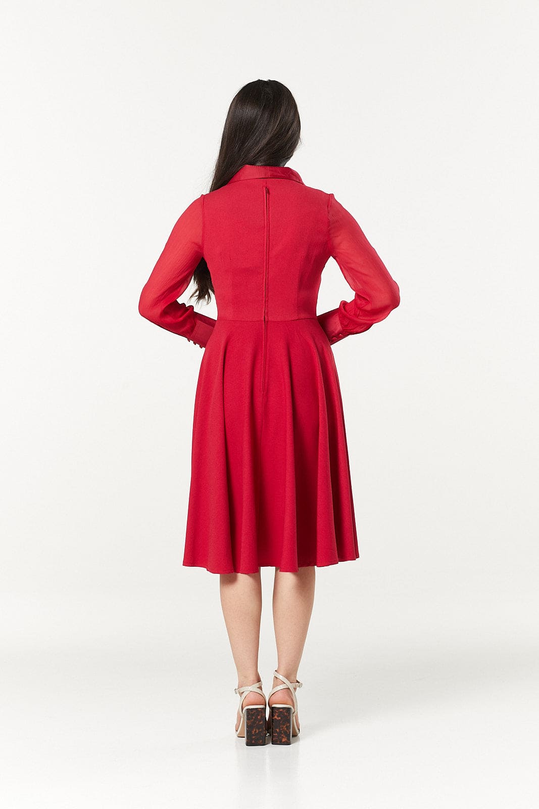 Polly Midi A- Line Long Chiffon Sleeves Red Dress
