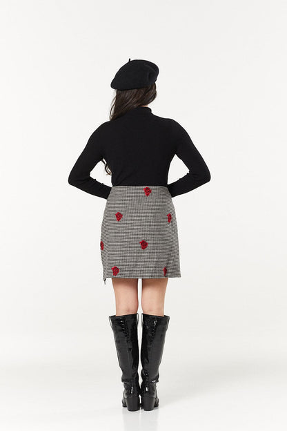Woollen Priya Mini Houndstooth Skirt with embroidery