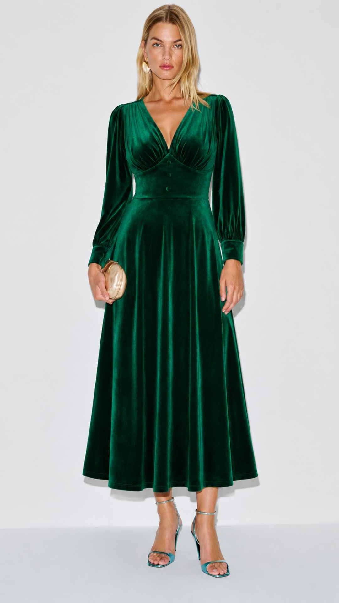 Balia Green Velvet Midi Fit and Flare Swing Dress