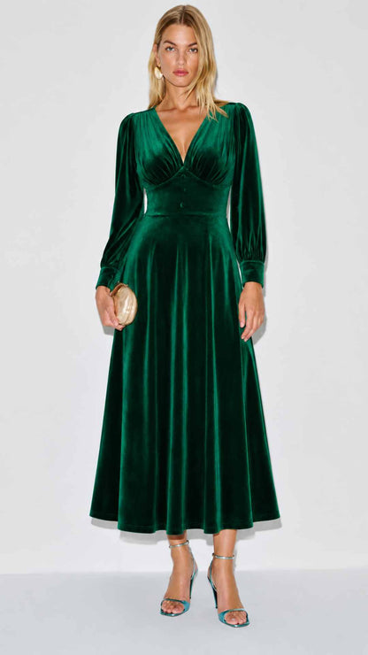 Balia Green Velvet Midi Fit and Flare Swing Dress