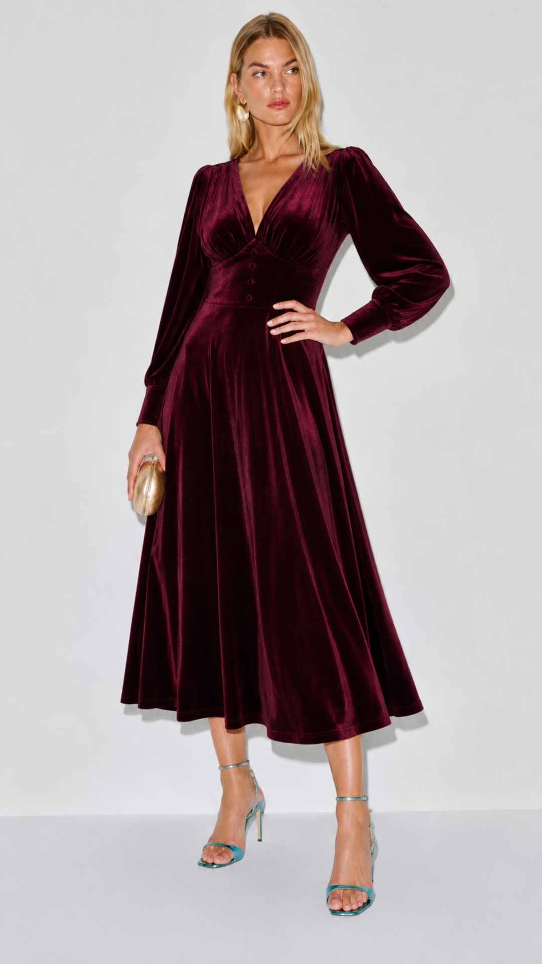 burgundy velvet dress midi Rihoas Cap Sleeve Square Neck for Winter Wedding Guest, Cocktail Parties, Wine Red / XL from shoulder to hem Ruby Red Luxe Velvet Wrap