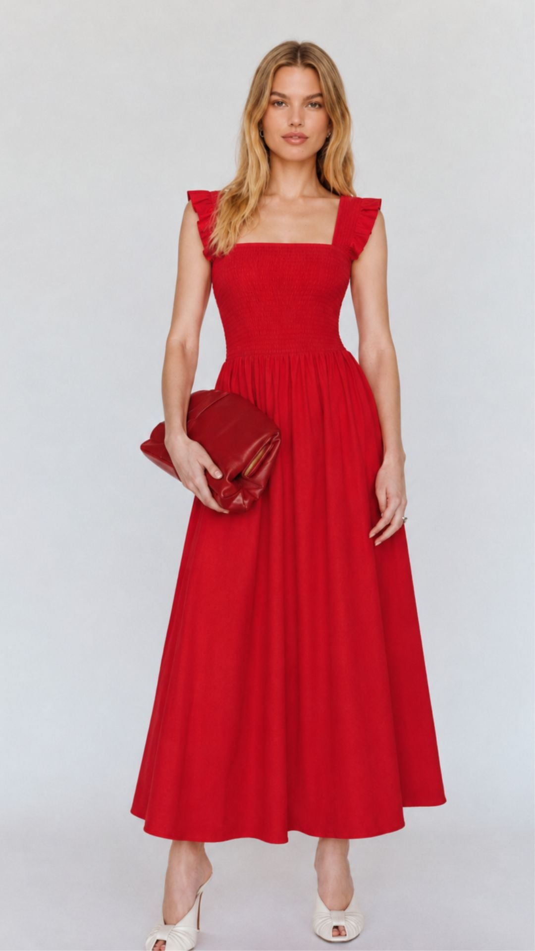 Xemeni Midi Red Dress with Shirred Bodice