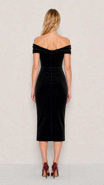 Rhia Black Midi Velvet Fitted Midi Dress