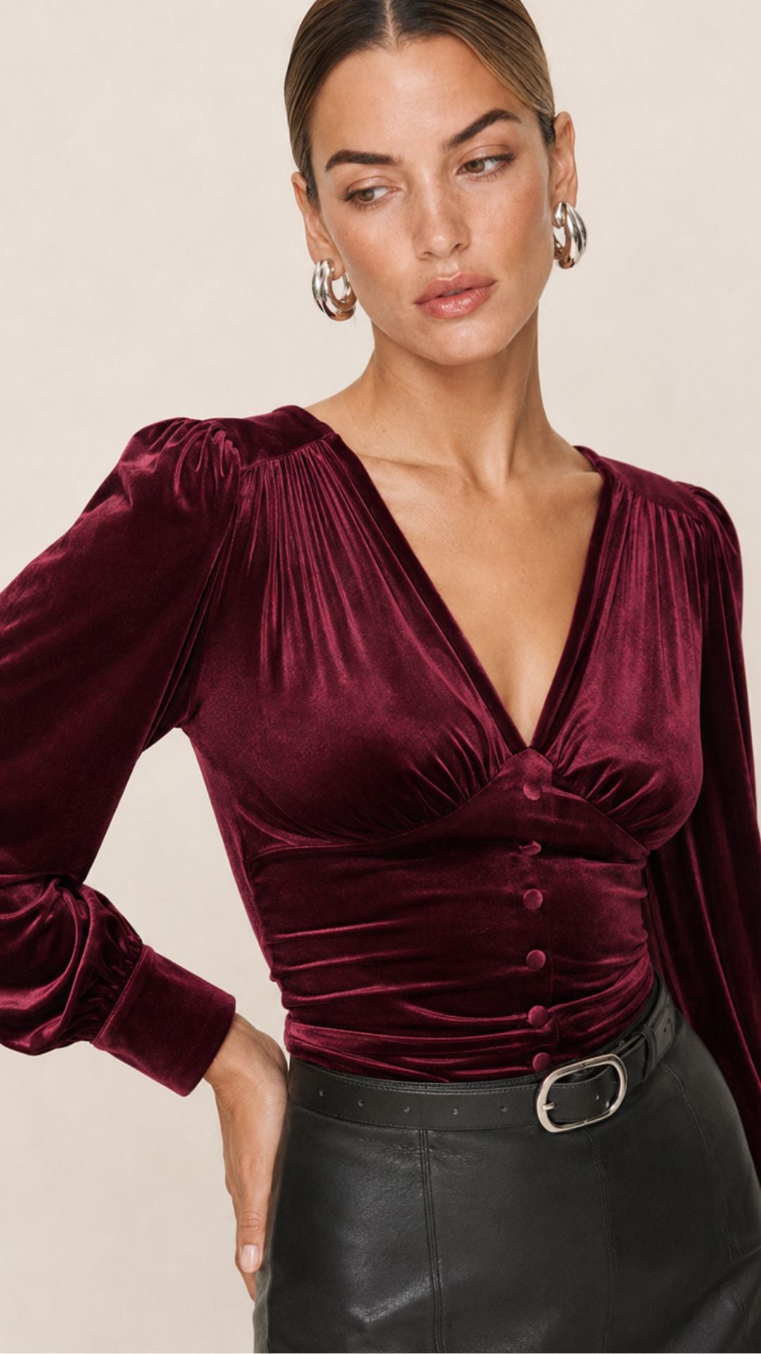 Malika Burgandy V Neck Velvet Blouse