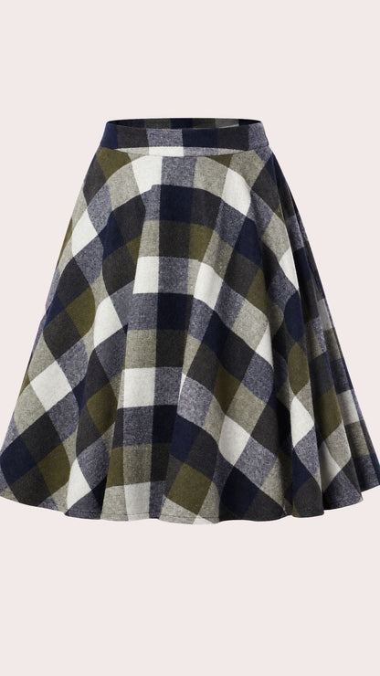 Sophie Navy &amp; Khaki Woollen Check Tartan Midi Swing Skirt