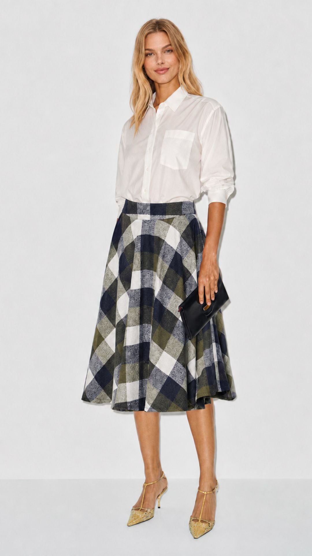 Sophie Navy & Khaki Woollen Check Tartan Midi Swing Skirt