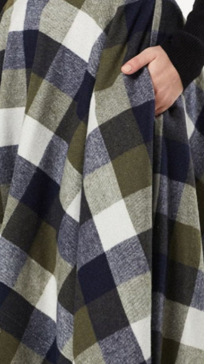 Sophie Navy &amp; Khaki Woollen Check Tartan Midi Swing Skirt