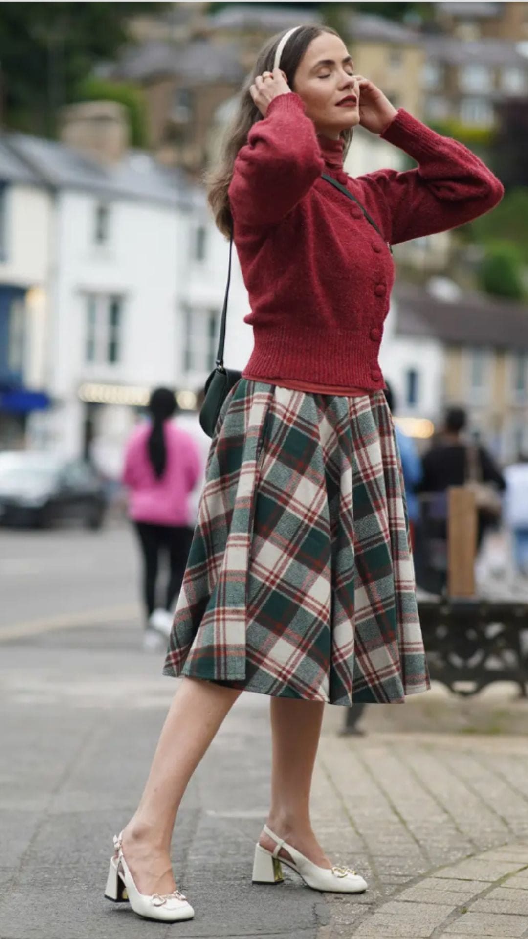 Sophie Green &amp; White Woollen Check Tartan Midi Swing Skirt