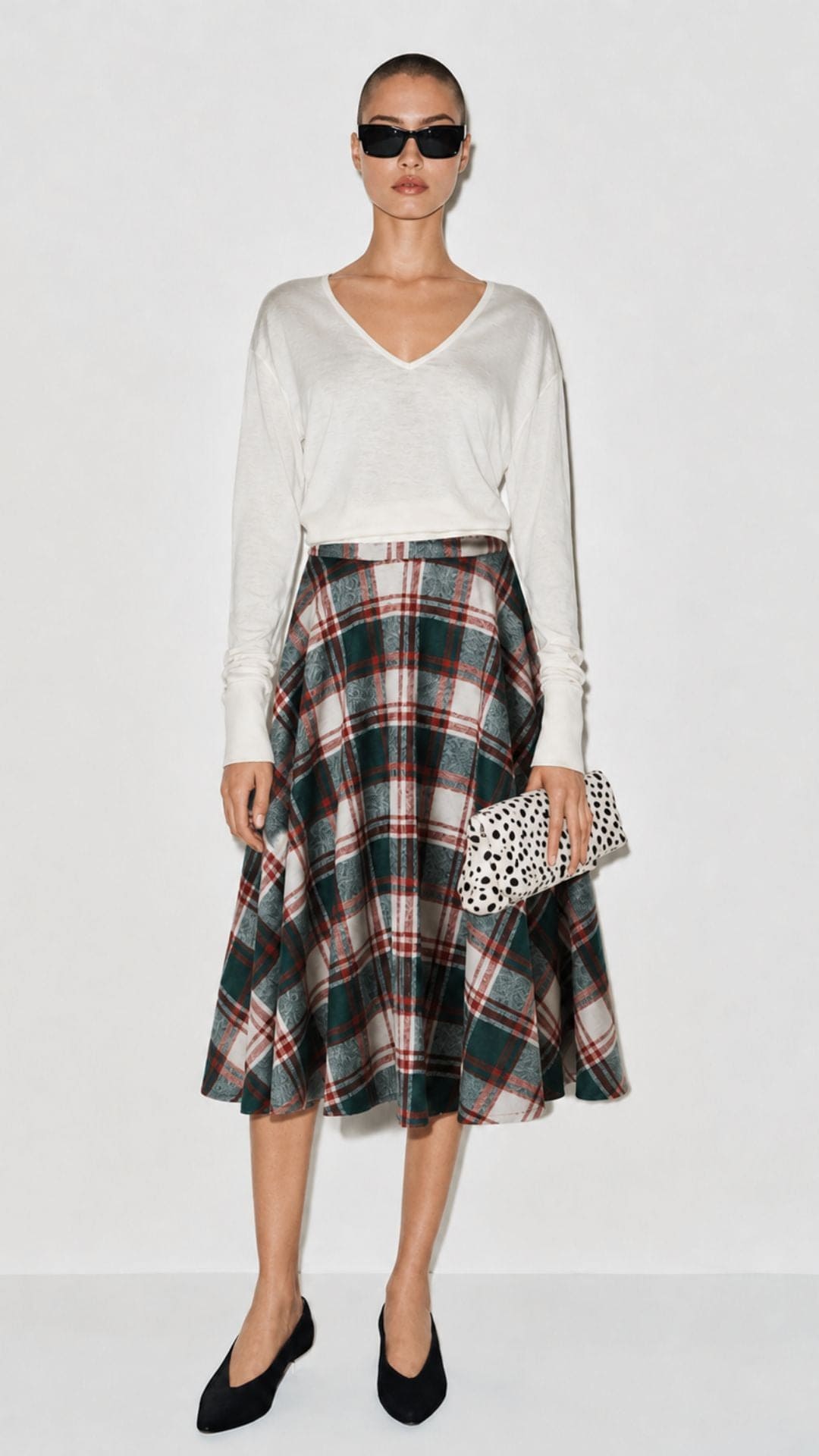 Sophie Green & White Woollen Check Tartan Midi Swing Skirt
