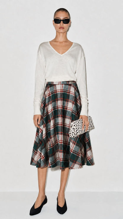 Sophie Green &amp; White Woollen Check Tartan Midi Swing Skirt