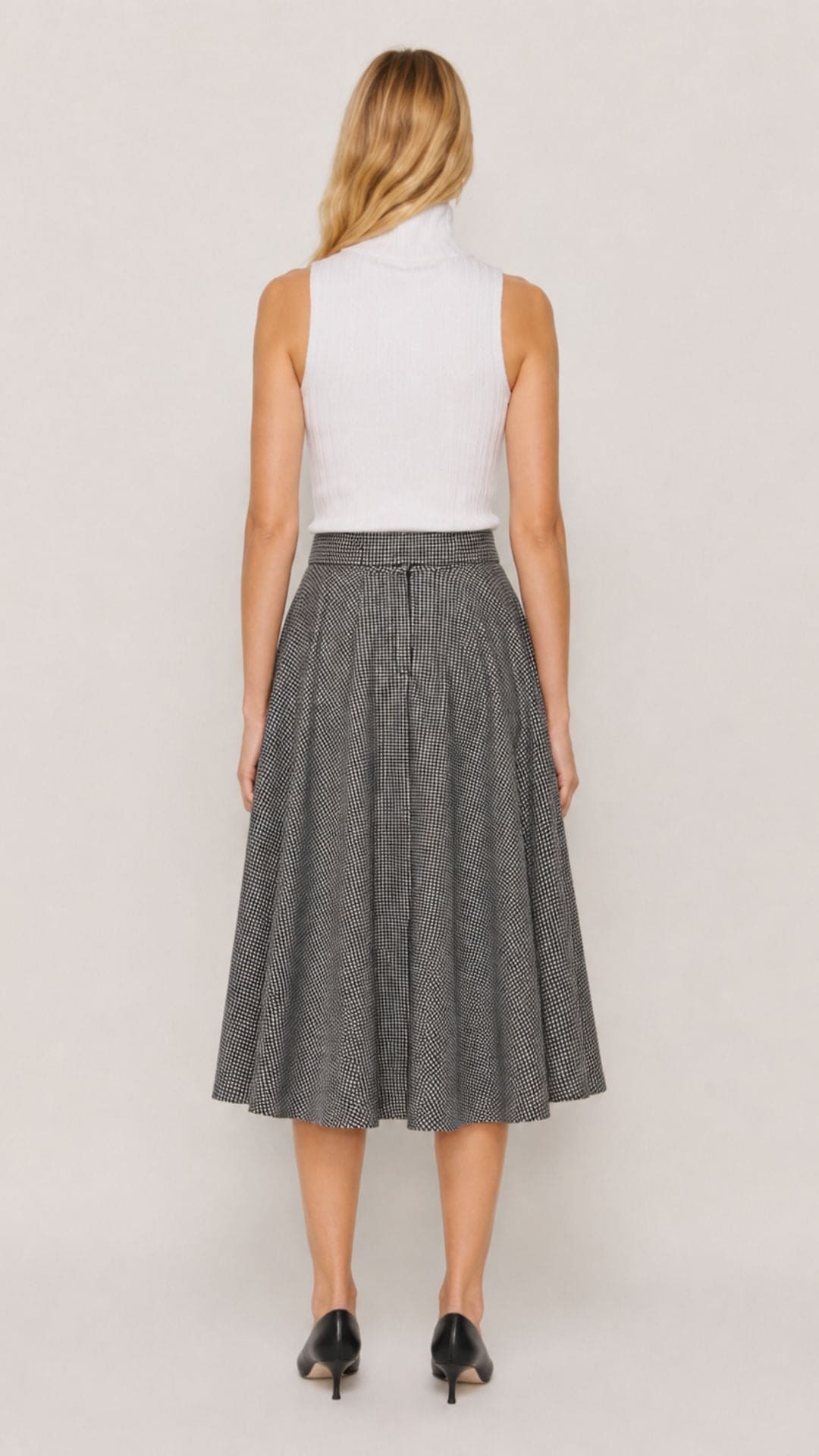 Sophie Houndstooth Woollen Check Tartan Midi Swing Skirt
