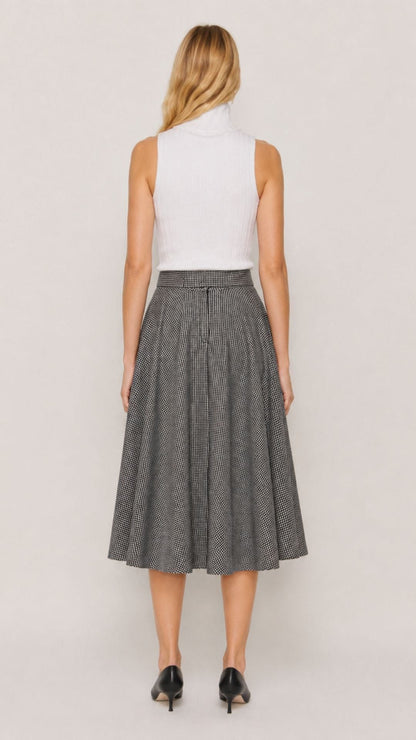 Sophie Houndstooth Woollen Check Tartan Midi Swing Skirt
