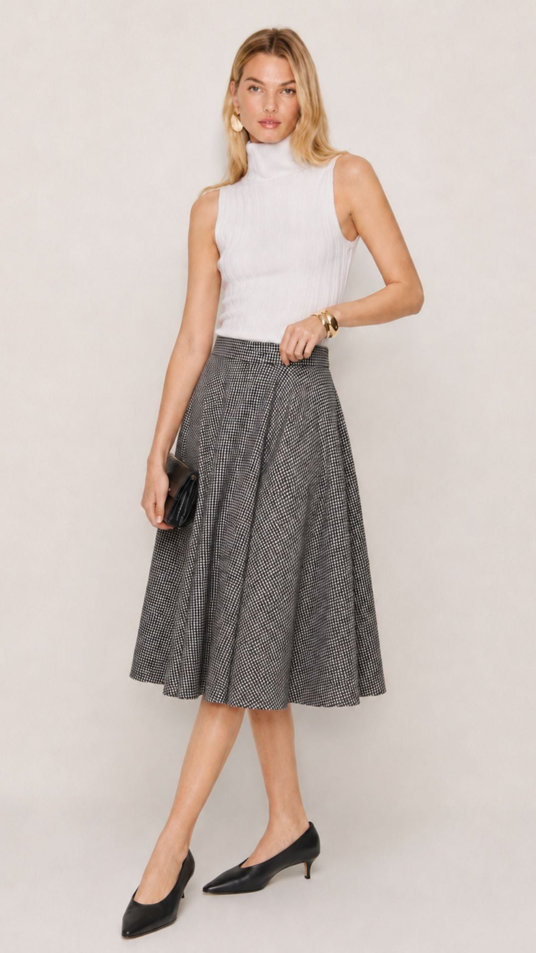 Sophie Houndstooth Woollen Check Tartan Midi Swing Skirt