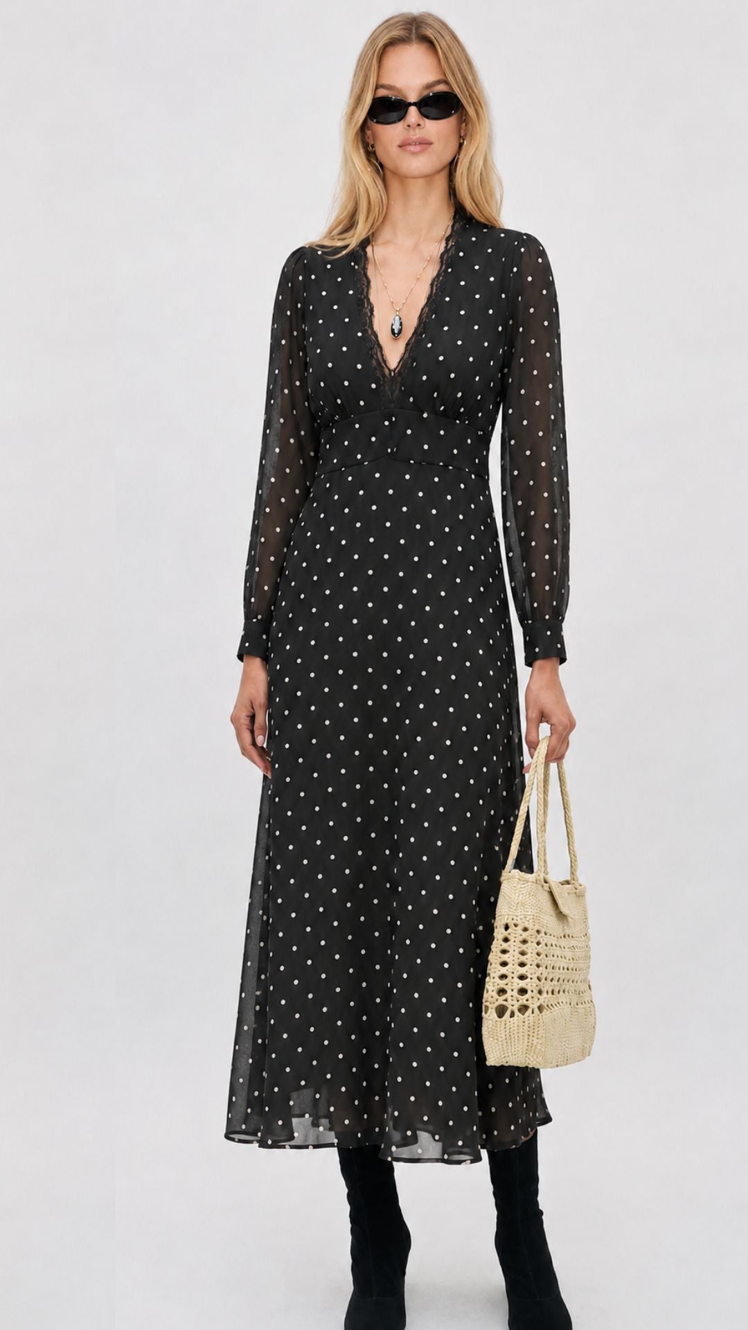 Sai Polka Dot Midi Dress Black and White Polka Dot