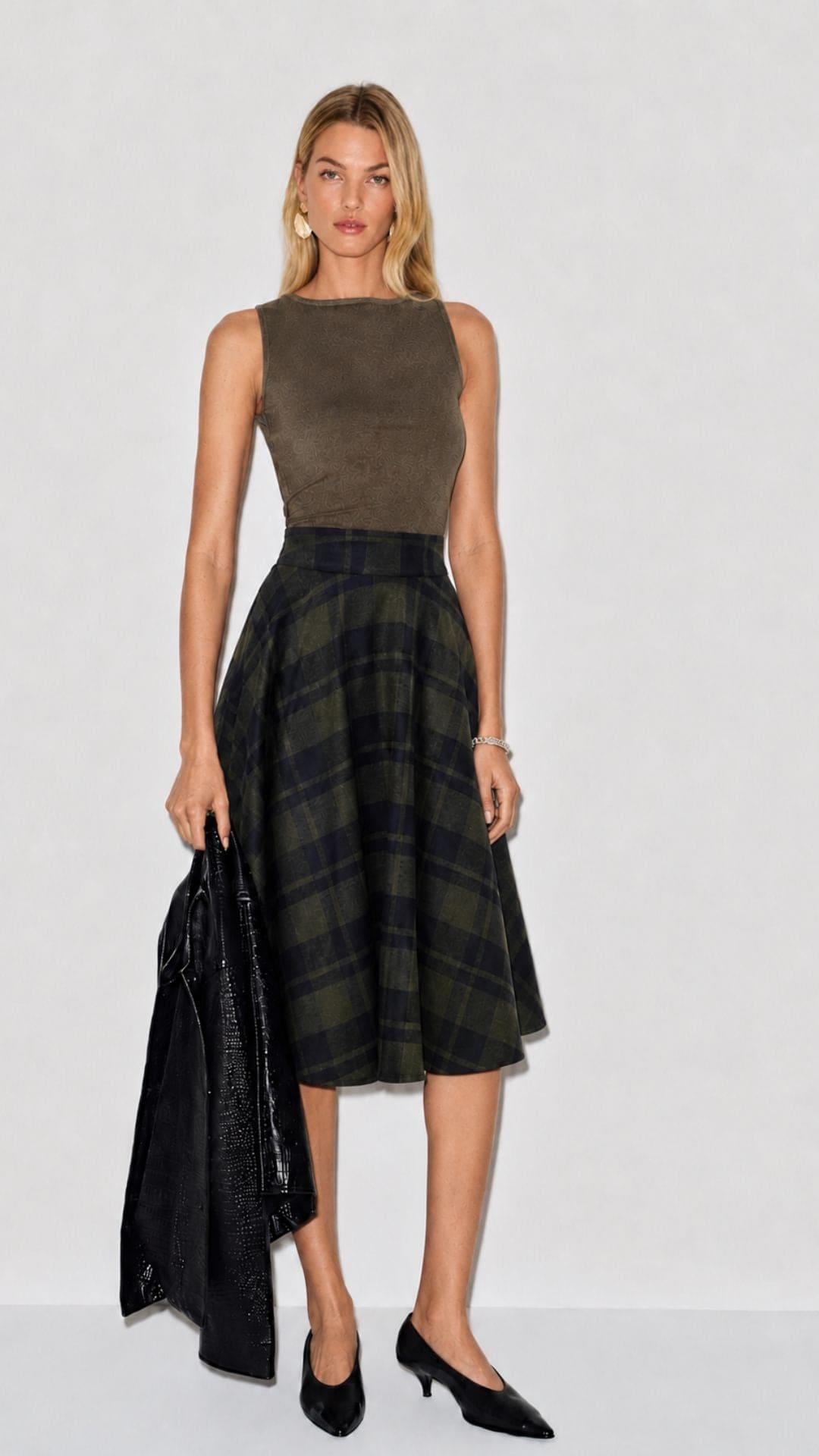 Sophie Sage Green Woollen Check Tartan Midi Swing Skirt