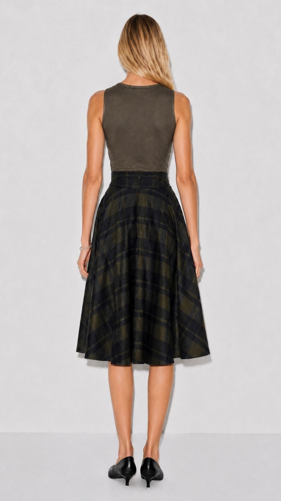 Sophie Sage Green Woollen Check Tartan Midi Swing Skirt