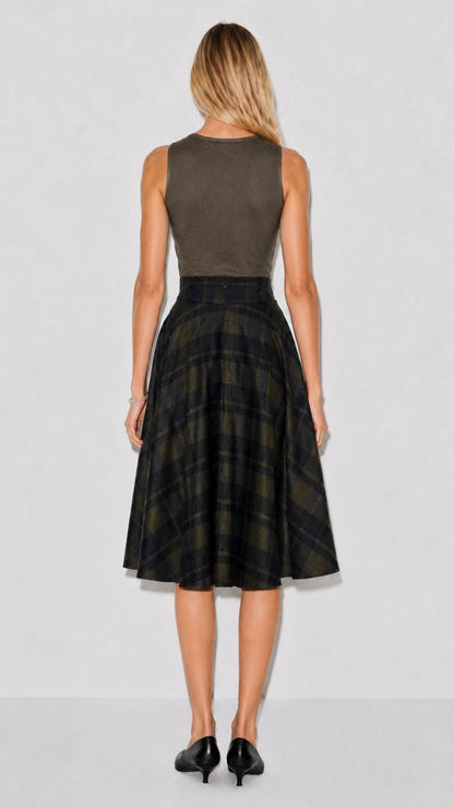 Sophie Sage Green Woollen Check Tartan Midi Swing Skirt