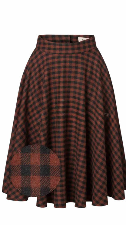 Sophie Copper and Black Check Tartan Midi Swing Skirt