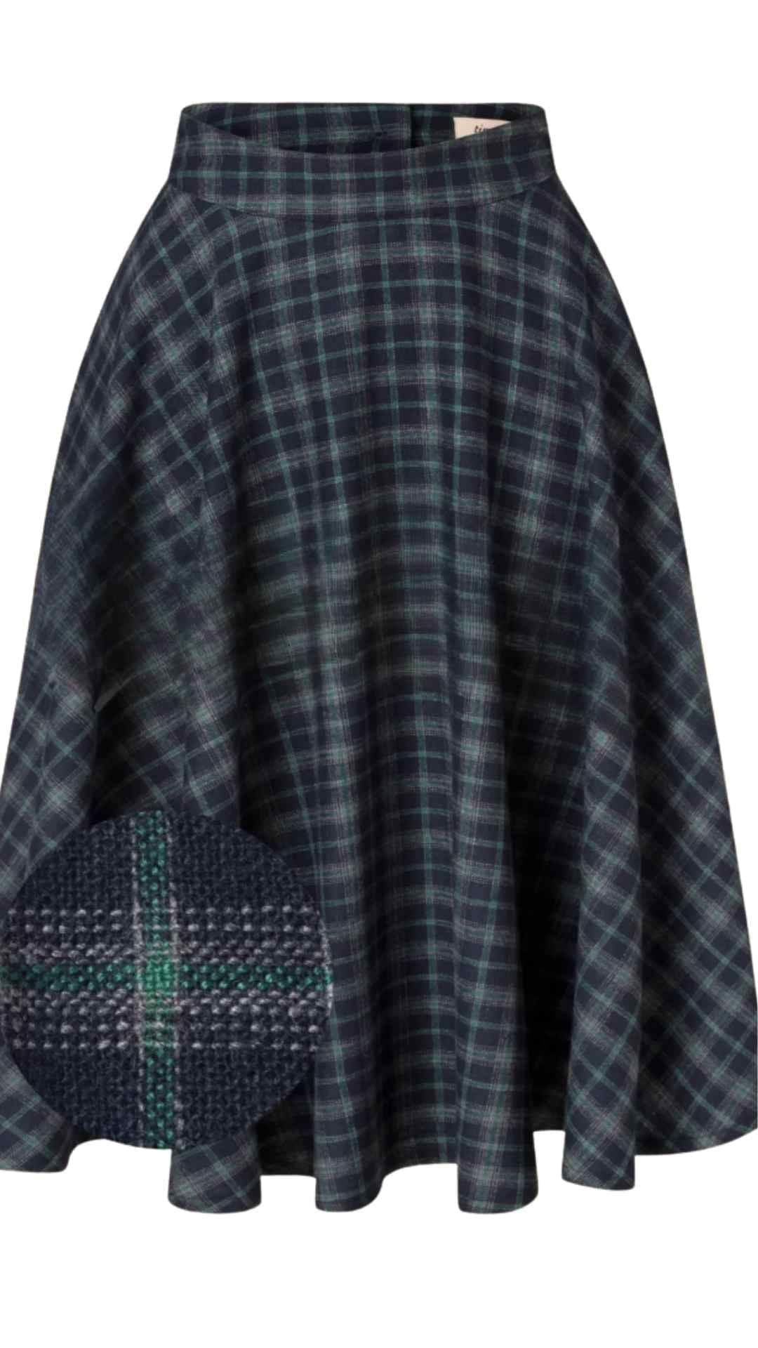 Sophie Blue Ink Woollen Check Tartan Midi Swing Skirt