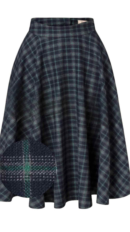 Sophie Blue Ink Woollen Check Tartan Midi Swing Skirt