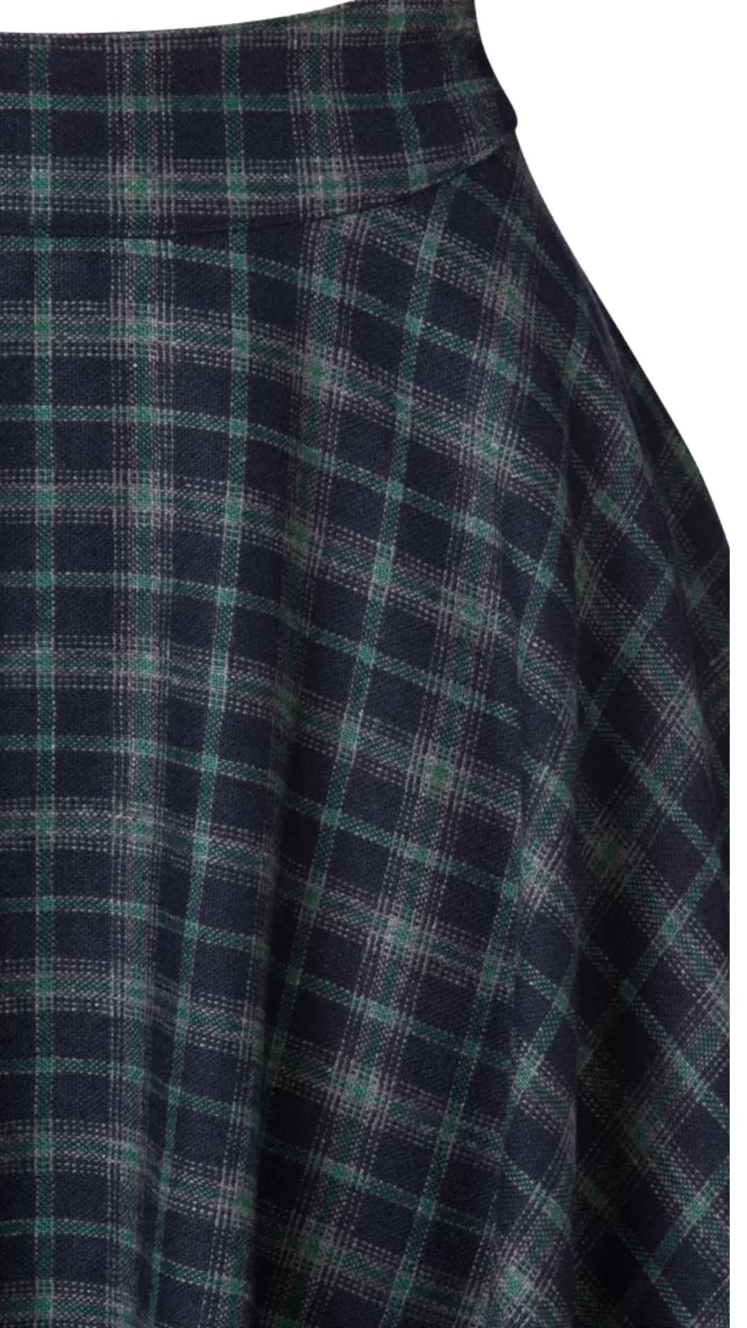 Sophie Blue Ink Woollen Check Tartan Midi Swing Skirt