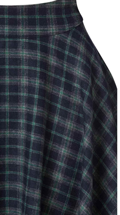 Sophie Blue Ink Woollen Check Tartan Midi Swing Skirt