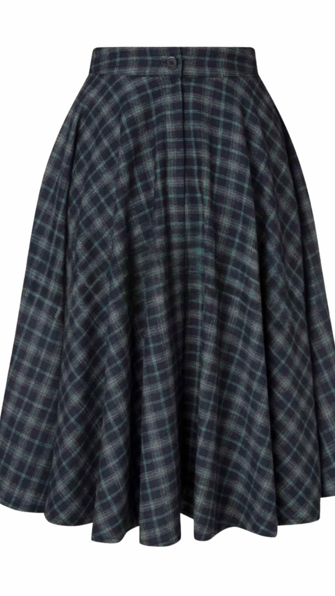Sophie Blue Ink Woollen Check Tartan Midi Swing Skirt