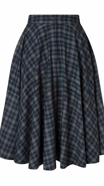 Sophie Blue Ink Woollen Check Tartan Midi Swing Skirt