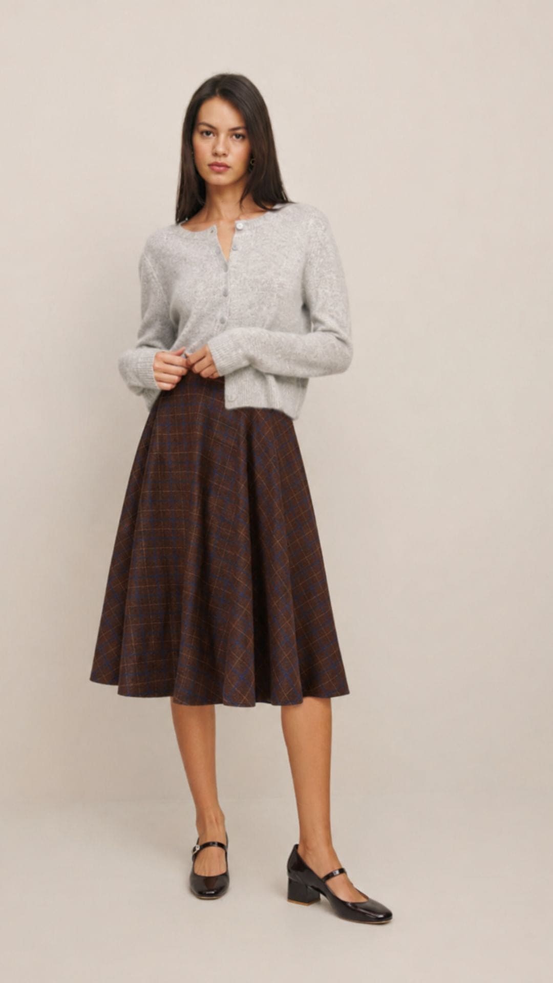 Sophie Blue &amp; Brown Woollen Check Tartan Midi Swing Skirt