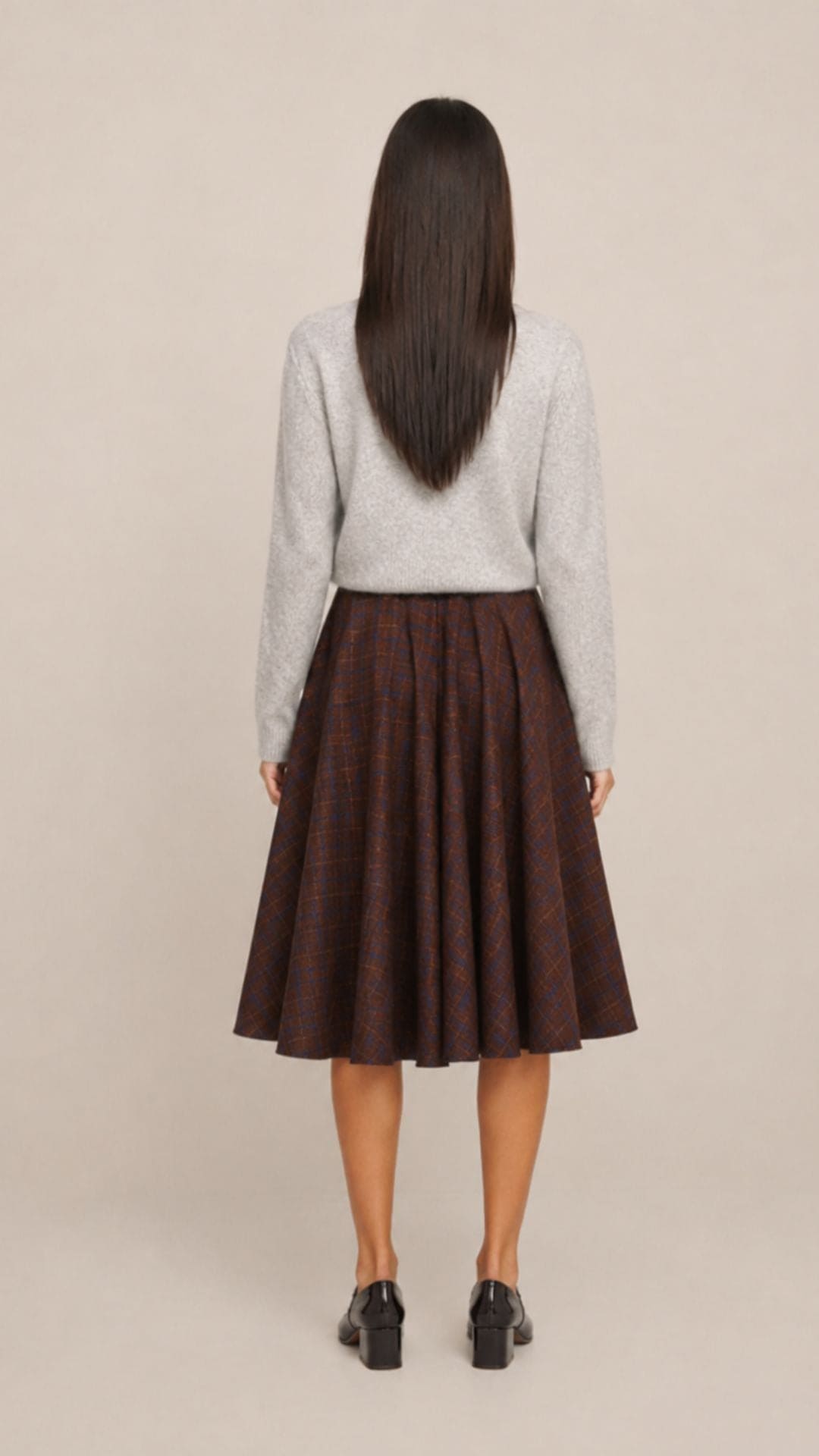 Sophie Blue &amp; Brown Woollen Check Tartan Midi Swing Skirt