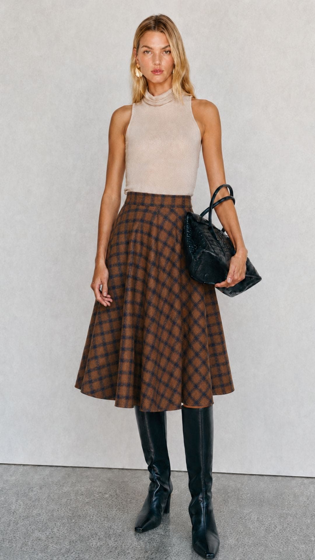 Sophie Camel Woollen Check Tartan Midi Swing Skirt